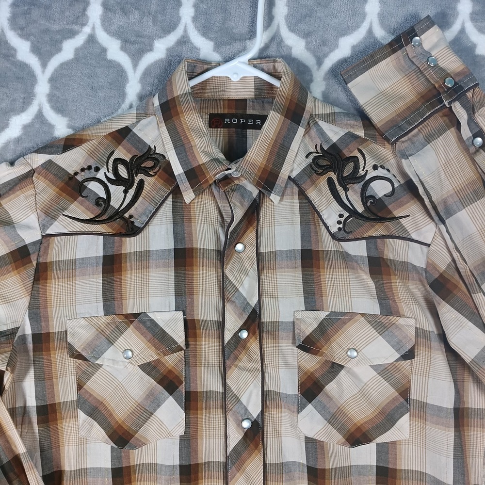 Roper Western Shirt Mens Medium Brown Plaid Embroidered Pearl Snap Lurex